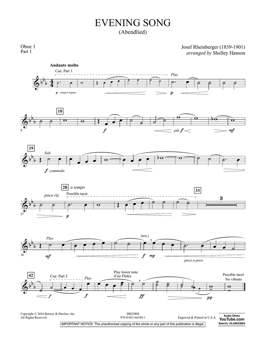 Evening Song (Abendlied) - Pt.1 - Oboe 1 Concert Band scores gallery preview page 1