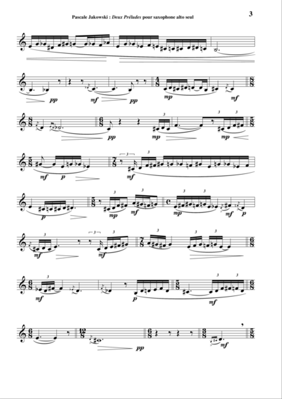 Pascale Jakubowski: Deux Préludes for solo saxophone Woodwind Quartet scores gallery preview page 3
