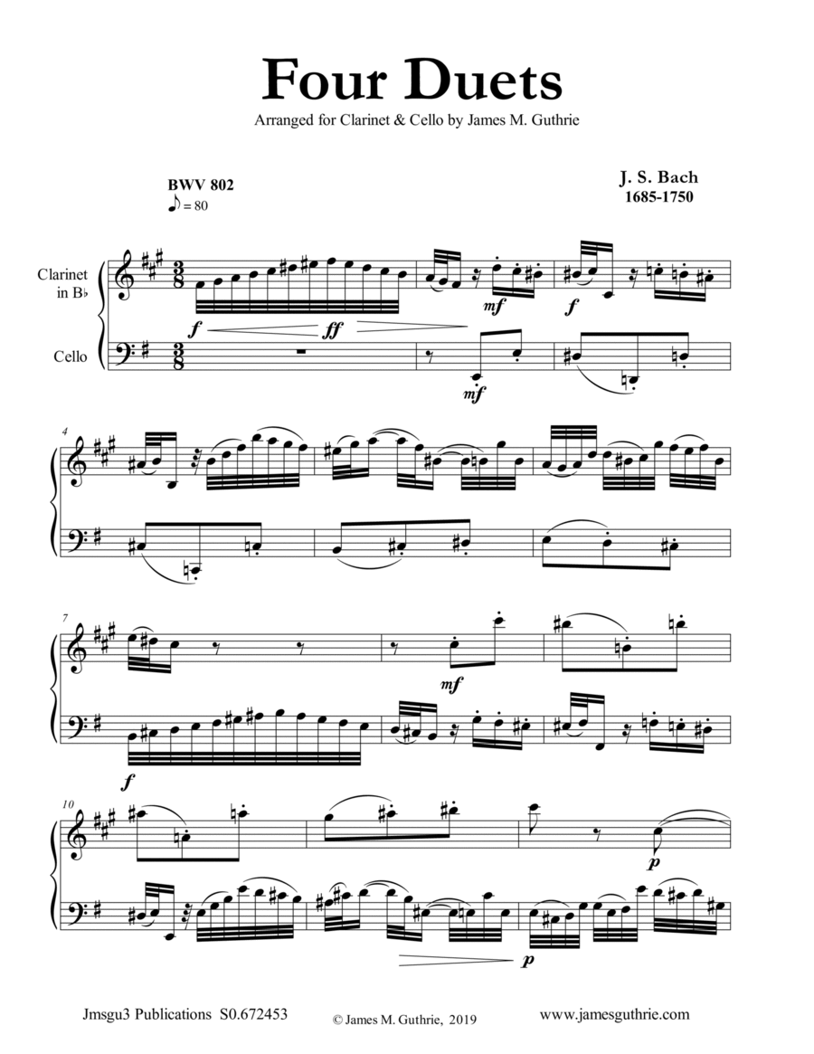 Bach: Four Duets for Clarinet & Cello Clarinet scores gallery preview page 1