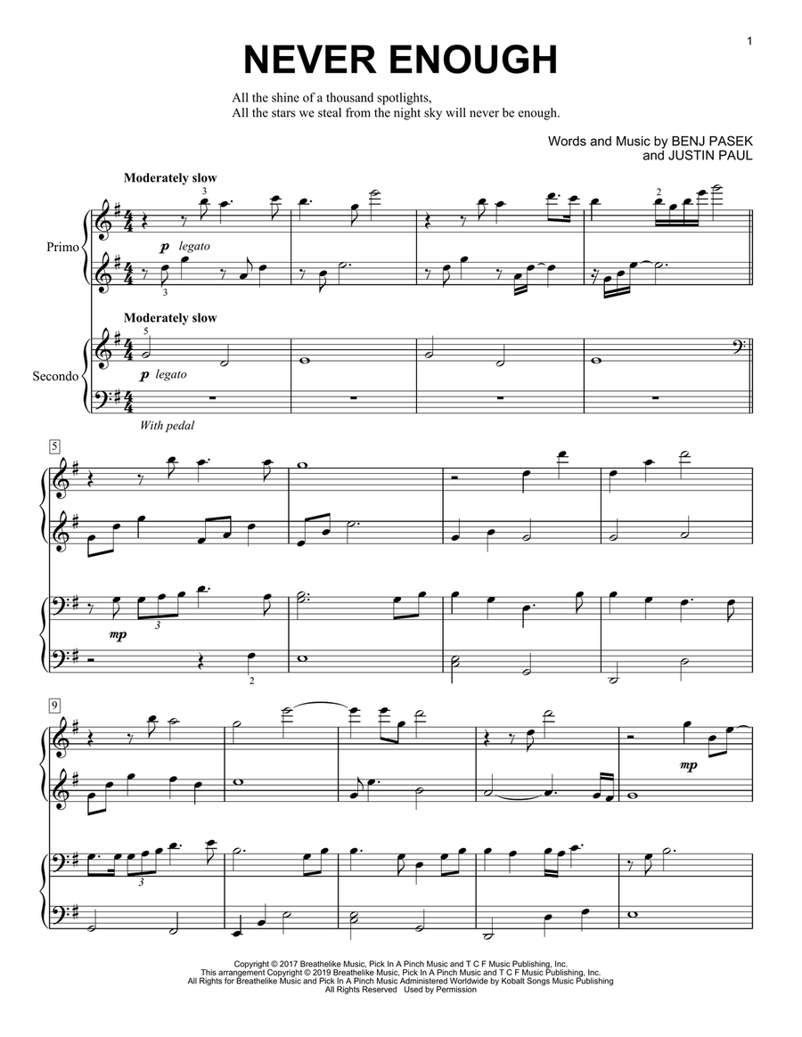 Never Enough (from The Greatest Showman) Piano Duet scores gallery preview page 1