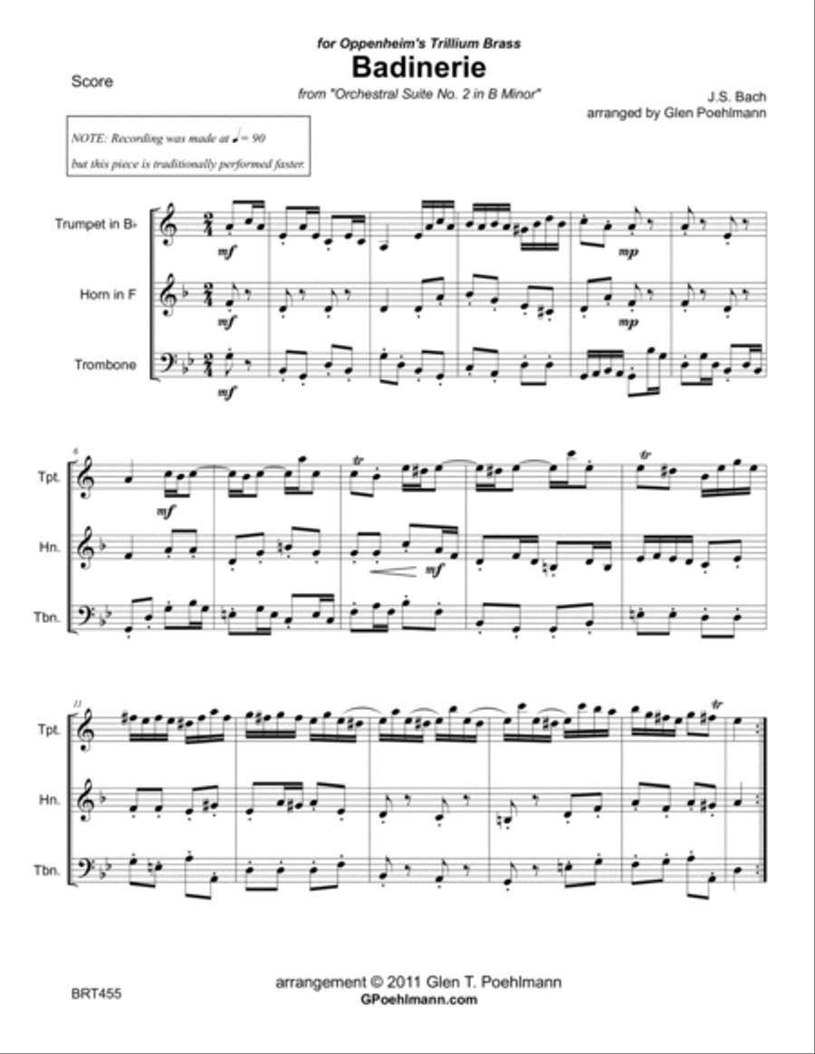 BADINERIE - BRASS TRIO (unaccompanied) from J.S. Bach's Orchestral Suite #2 in B minor Brass Trio scores gallery preview page 1