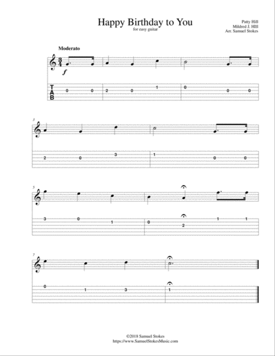 Happy Birthday to You - for easy guitar with TAB Guitar Tablature scores gallery preview page 1