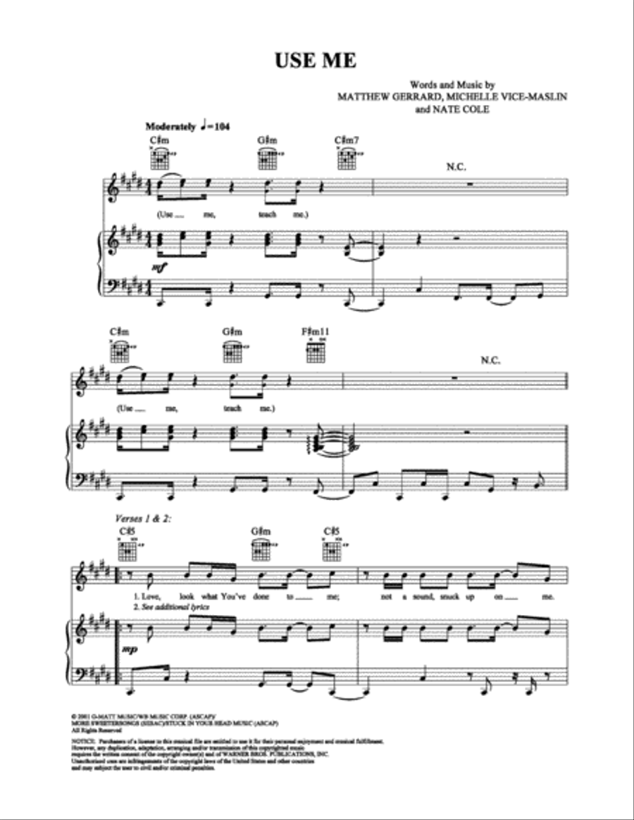 Use Me Piano, Vocal, Guitar scores gallery preview page 1