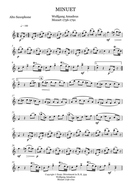 SOLO FOR ALTO SAX - MINUET from Divertment in D, K 334 image number null