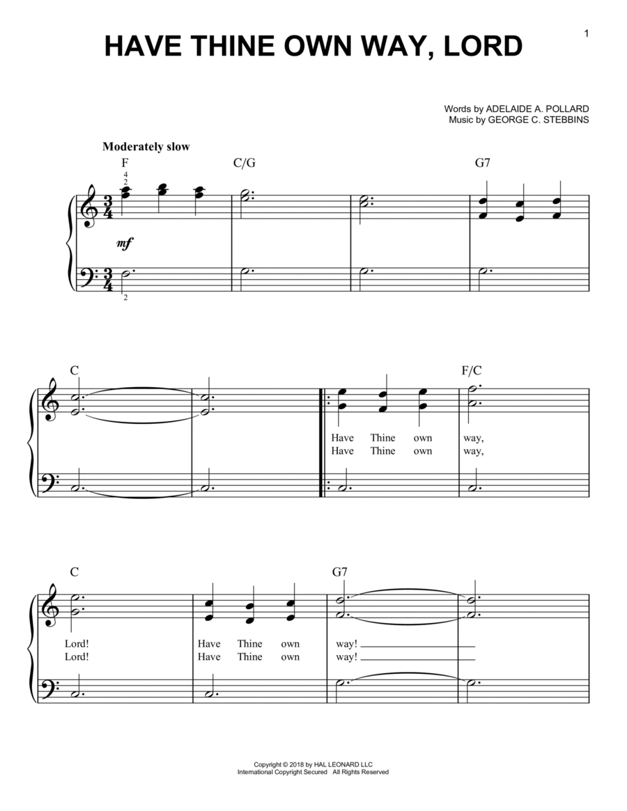 Have Thine Own Way, Lord Have Thine Own Way, Lord Easy Piano scores gallery preview page 1