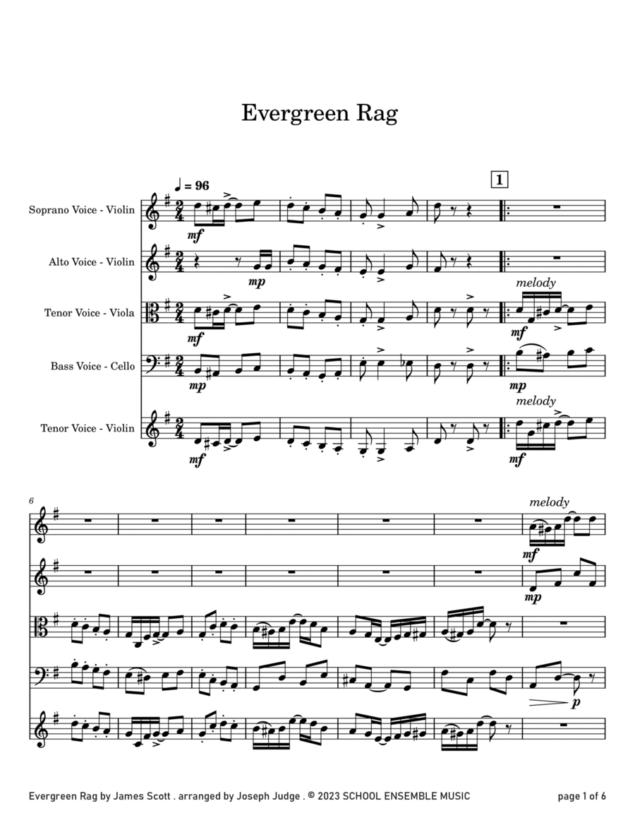 Evergreen Rag by James Scott for String Quartet in Schools image number null