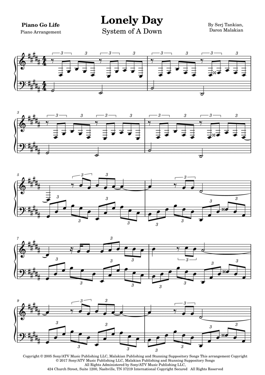 Lonely Day Lonely Day Piano Solo scores gallery preview page 1