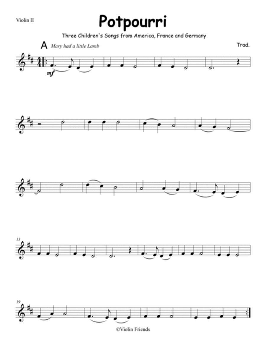 Sheet music for Violin Quartet: Potpourri of three Children's Songs image number null