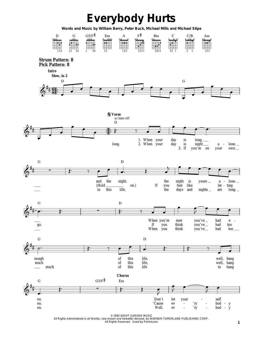 Everybody Hurts Easy Guitar scores gallery preview page 1