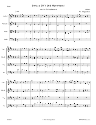 Bach: Sonata BWV 963 arr. for String Quartet; Movement 1