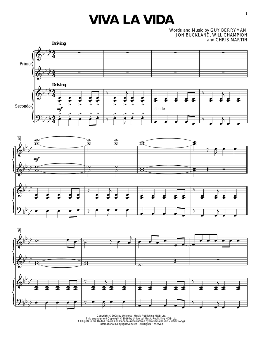 Viva La Vida 1 Piano, 4-Hands scores gallery preview page 1