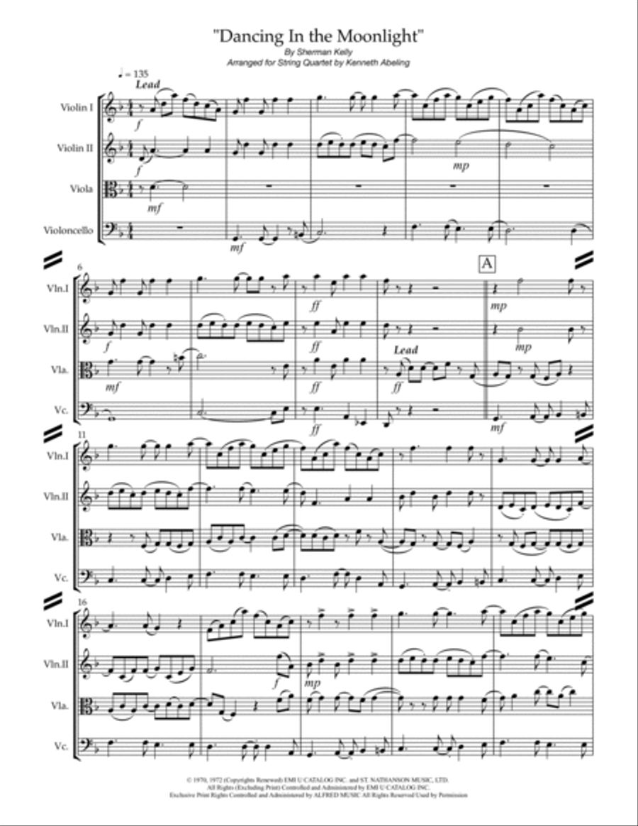 Dancin' In The Moonlight String Quartet scores gallery preview page 2