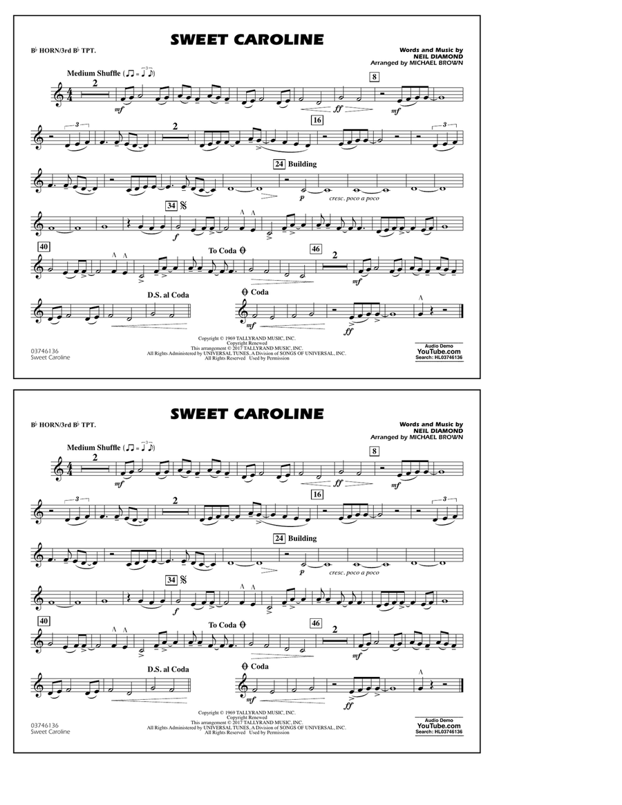 Sweet Caroline - Bb Horn/3rd Bb Tpt Marching Band scores gallery preview page 1