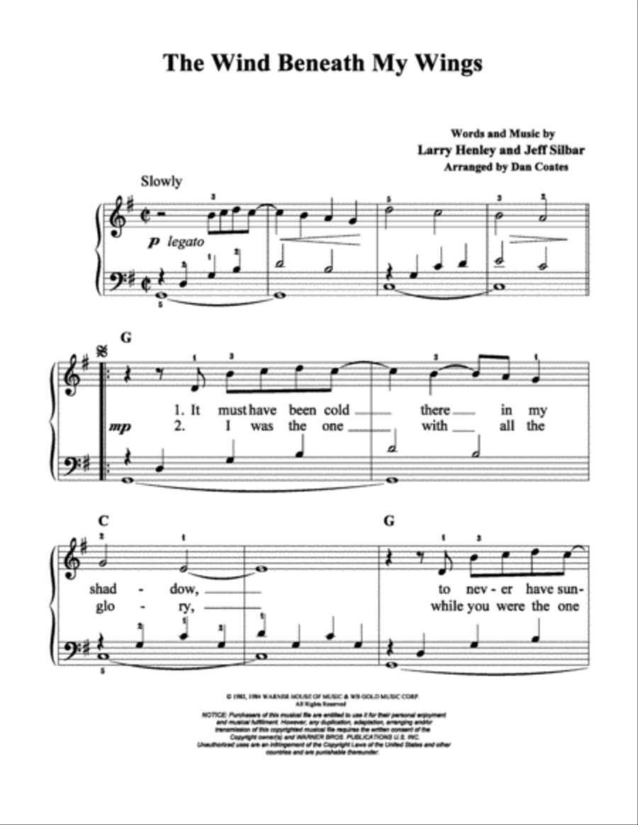 The Wind Beneath My Wings Easy Piano scores gallery preview page 1