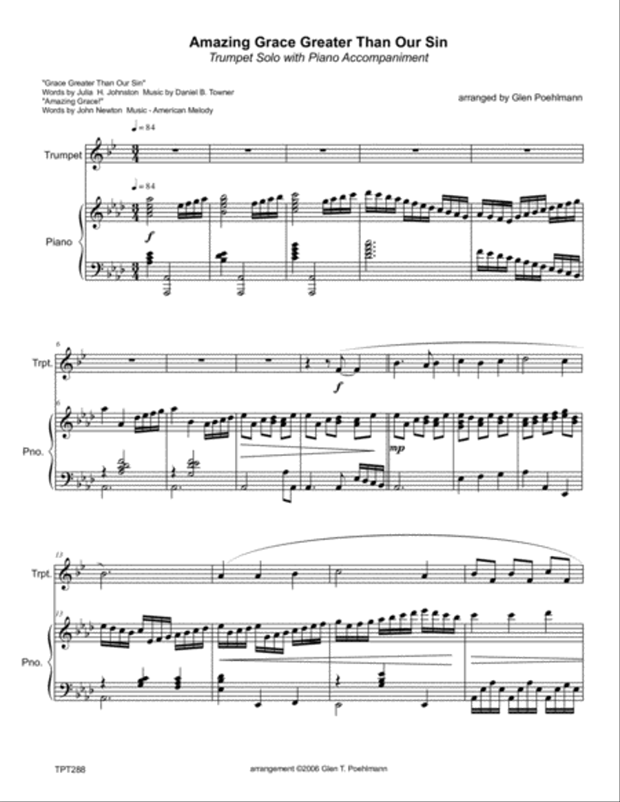 AMAZING GRACE GREATER THAN OUR SIN - TRUMPET SOLO with Piano Accompaniment Trumpet Solo scores gallery preview page 1