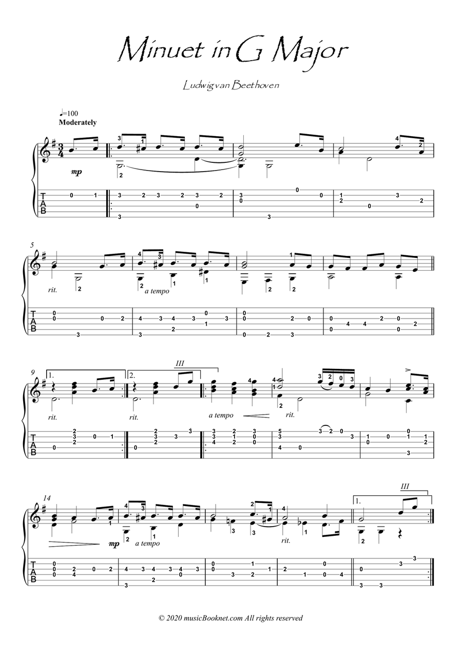 Minuet In G by Beethoven guitar solo Acoustic Guitar scores gallery preview page 1