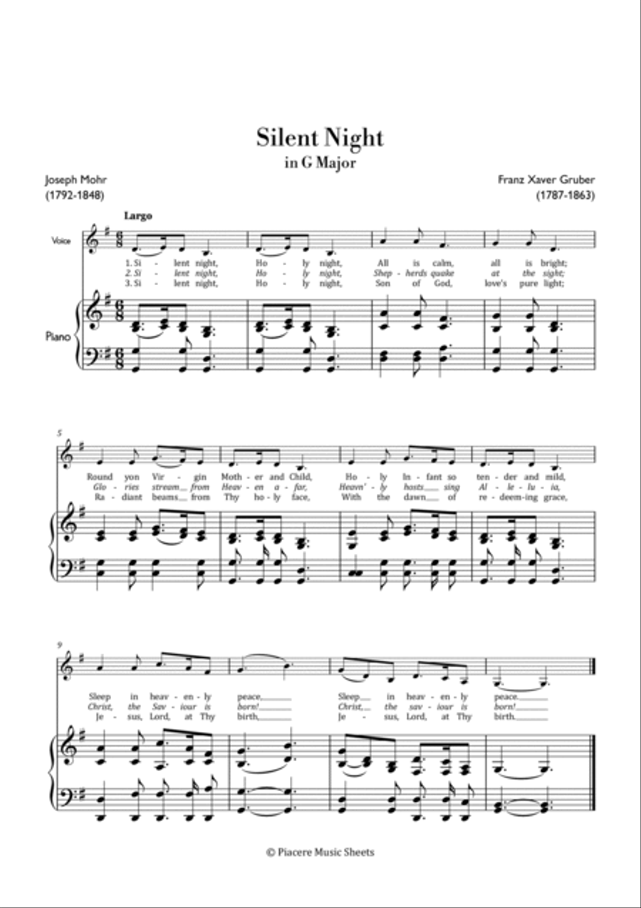 Gruber - Silent Night in G Major for Low Voice & Piano - Easy Chamber Music scores gallery preview page 2