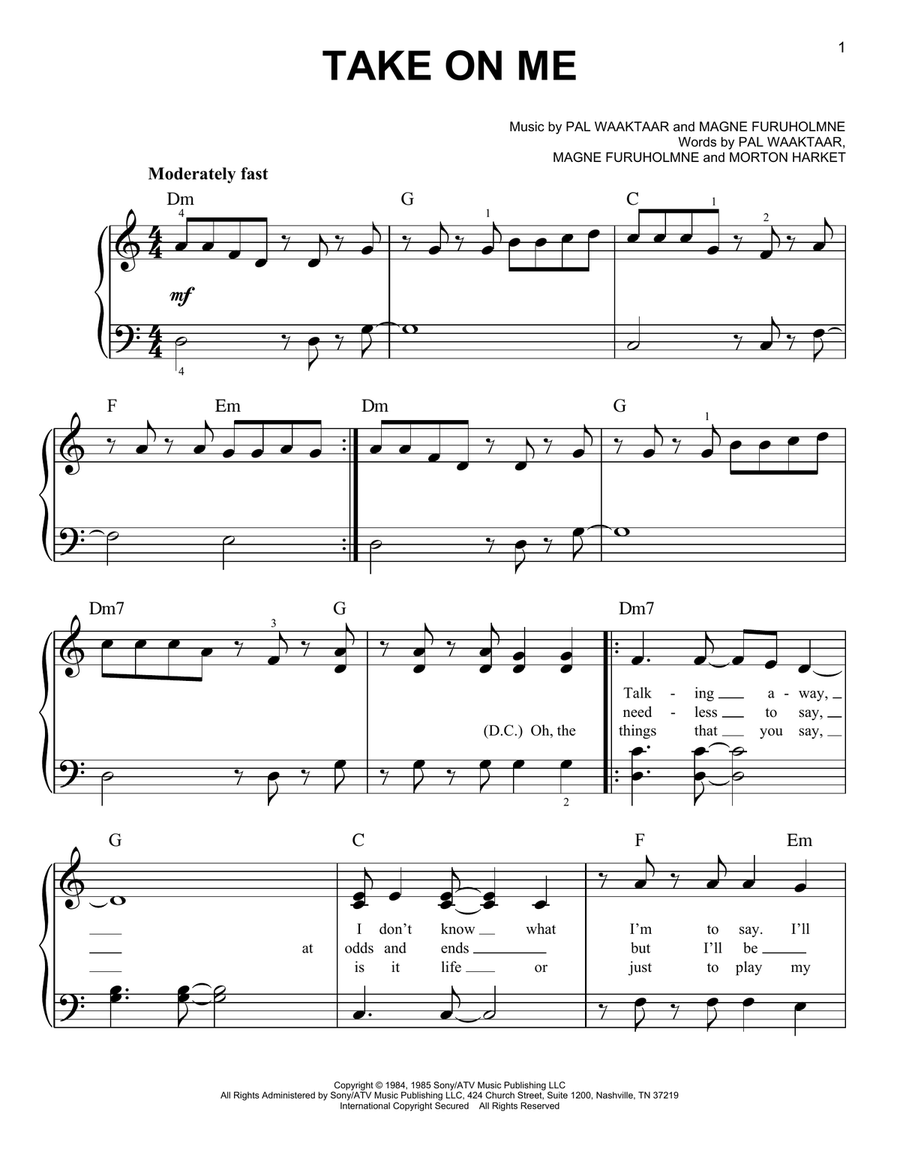 Take On Me Easy Piano scores gallery preview page 1