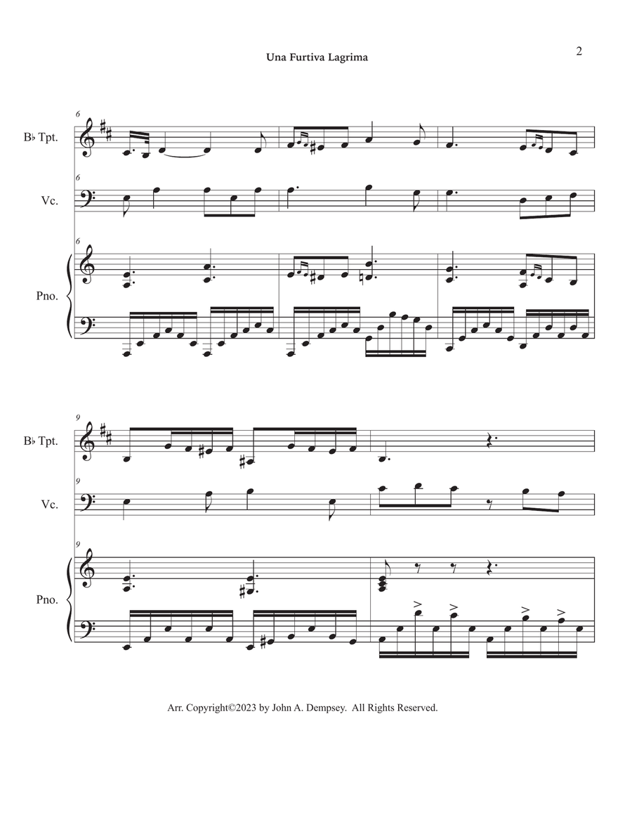 Una Furtiva Lagrima (One Furtive Tear): Trio for Trumpet, Cello and Piano Trumpet Trio scores gallery preview page 6
