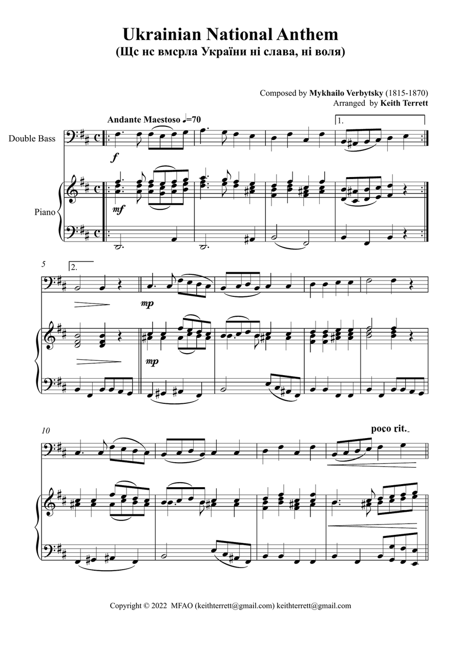 Ukrainian National Anthem for Double Bass & Piano MFAO World National Anthem Series Double Bass scores gallery preview page 2