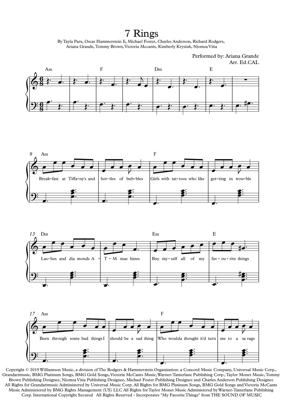 7 Rings Easy Piano scores gallery preview page 1