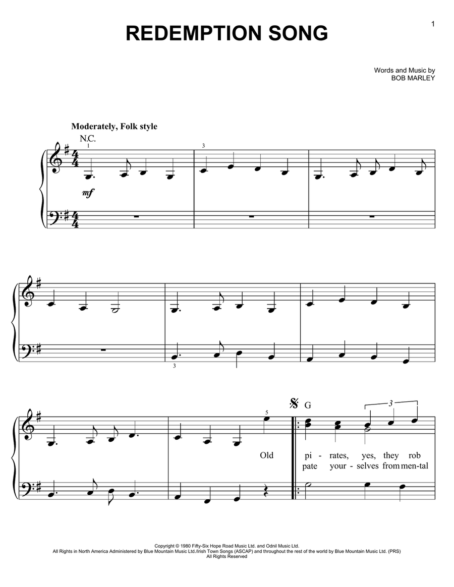 Redemption Song Redemption Song Easy Piano scores gallery preview page 1