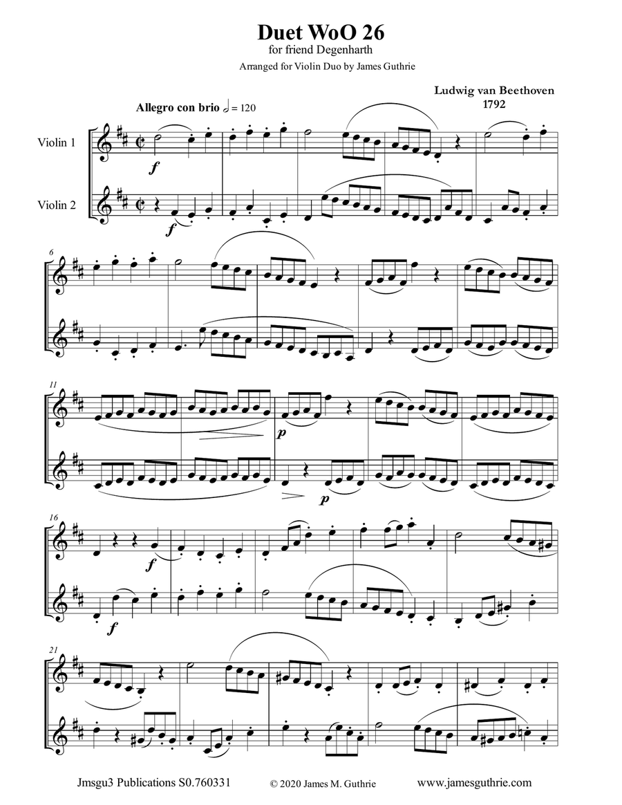 Beethoven: Duet WoO 26 for Violin Duo String Duet scores gallery preview page 1