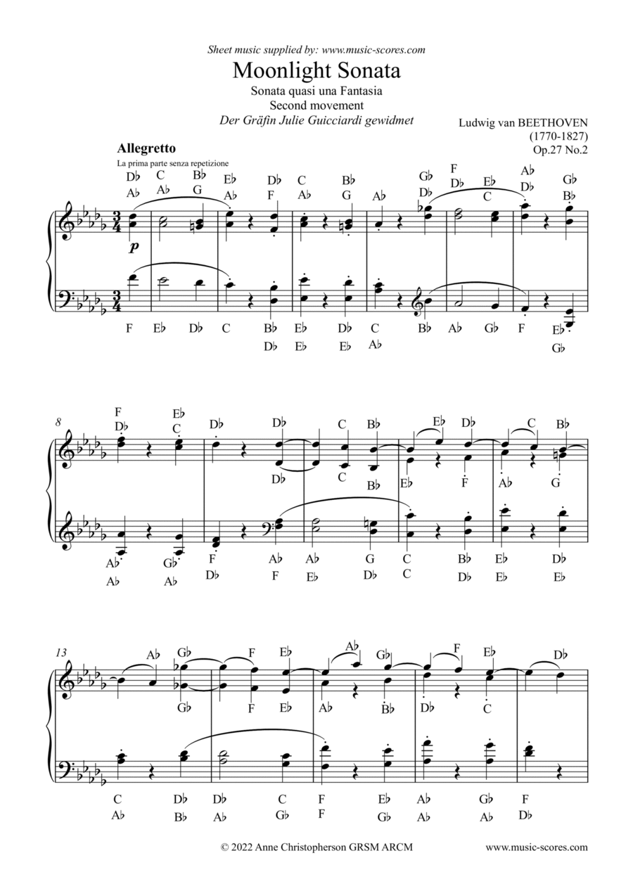 Moonlight Sonata - 2nd Movement - original version with note names. Piano Solo scores gallery preview page 1