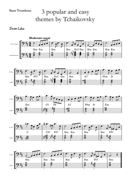 3 popular and easy themes by Tchaikovsky with accompaniment and chord symbols for Bass Trombone image number null