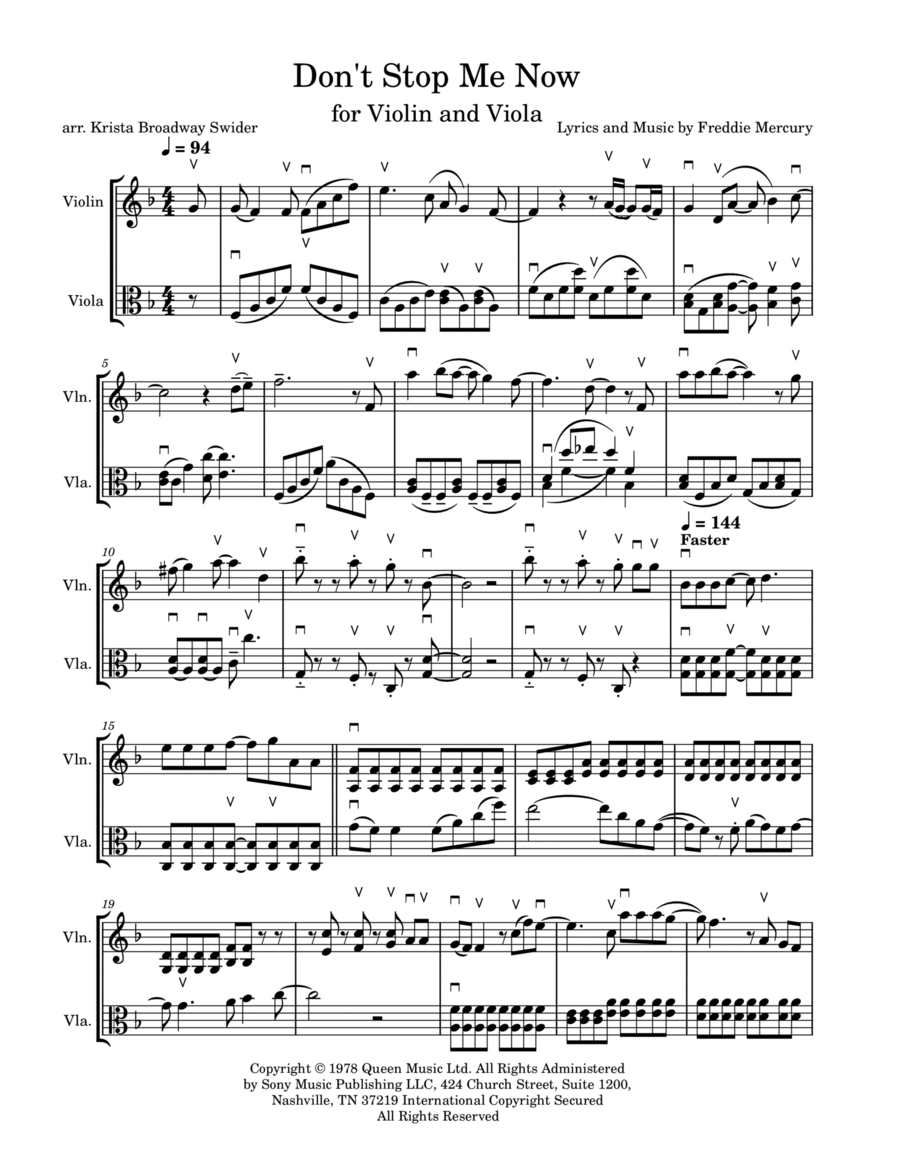 Don't Stop Me Now String Duet scores gallery preview page 1