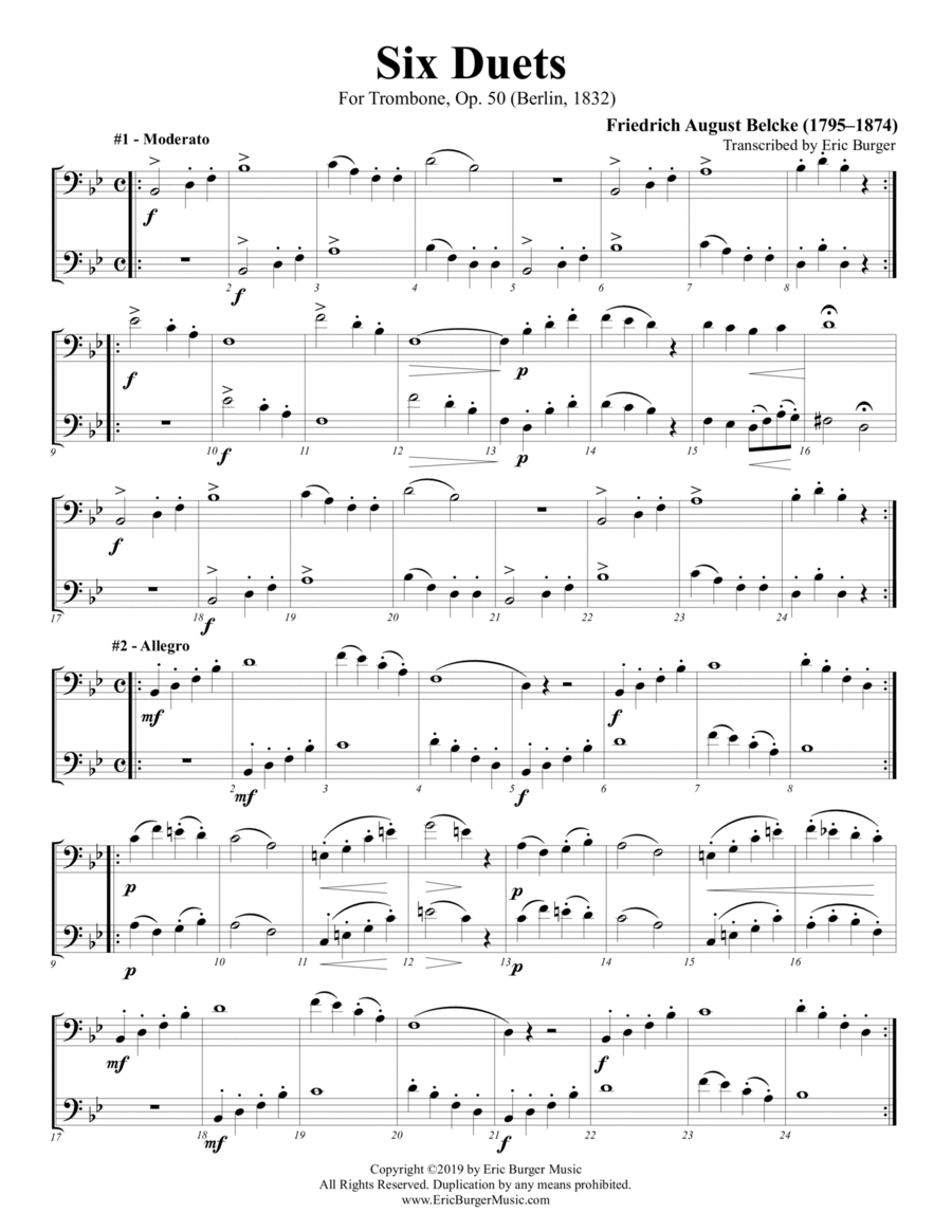 6 Duets Op. 50 by Friedrich August Belke for Trombone Trombone Duet scores gallery preview page 1