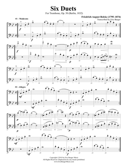 6 Duets Op. 50 by Friedrich August Belke for Trombone