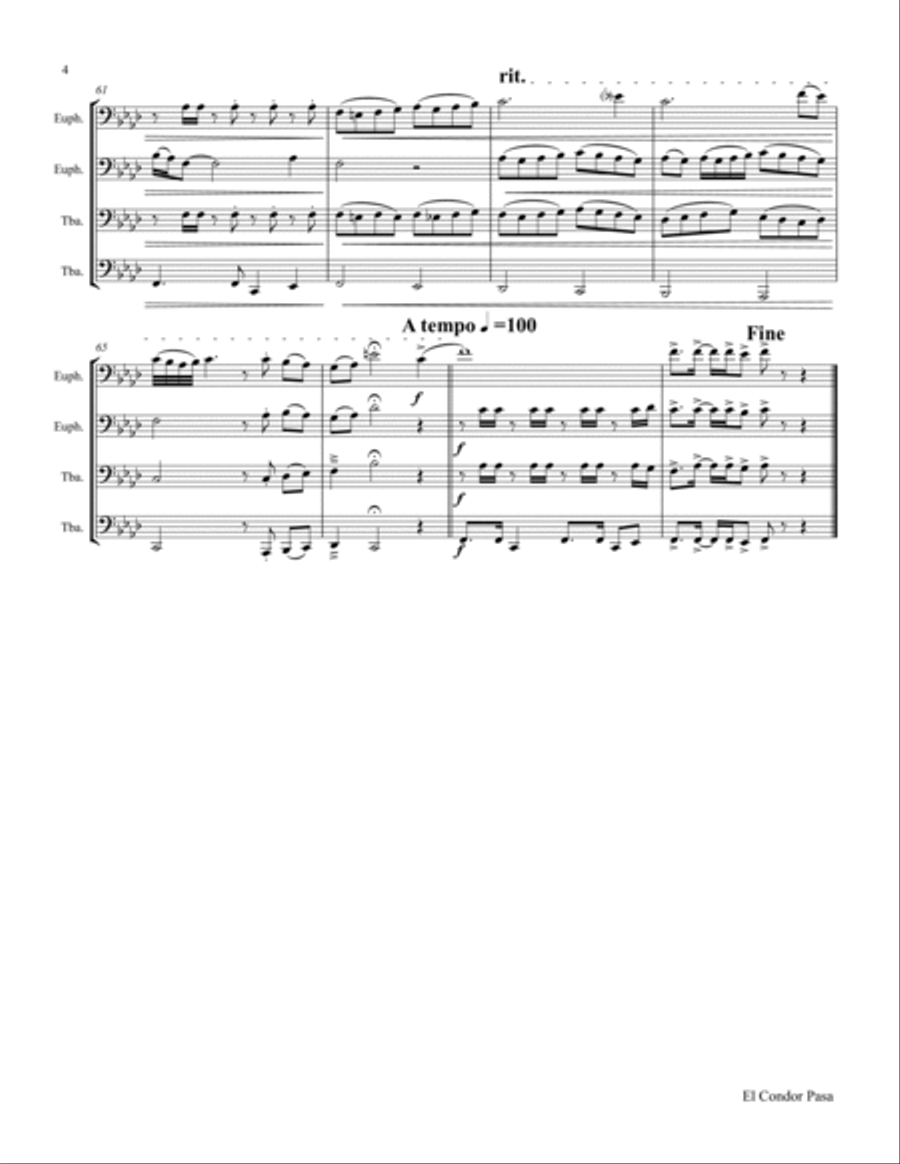 El Condor Pasa - Peruvian Folk Song - Low Brass Quartet Tuba Quartet - Ab Brass Quartet scores gallery preview page 5