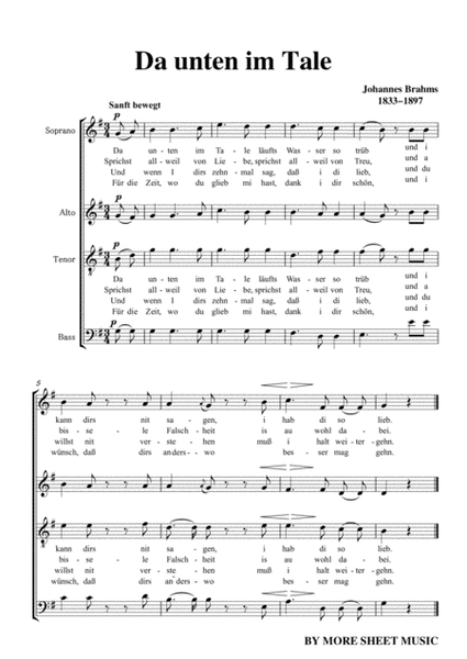 Brahms-Da unten im Tale,WoO 35 No.5,in G Major,from '12 Deutsche Volkslieder,WoO 35',for A cappella image number null