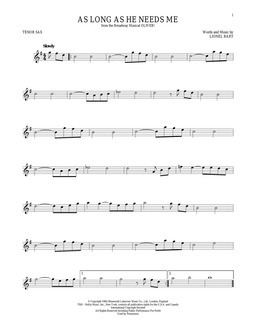 As Long As He Needs Me As Long As He Needs Me Tenor Saxophone scores gallery preview page 1
