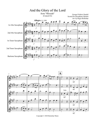 And the Glory of the Lord (from "Messiah") (G) (Saxophone Quintet - 2 Alto, 2 Tenor, 1 Bari)