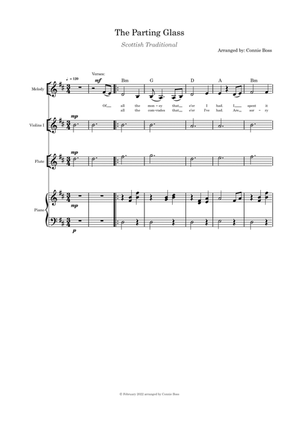 The Parting Glass - lower key (D) - solo, flute, violin and piano image number null
