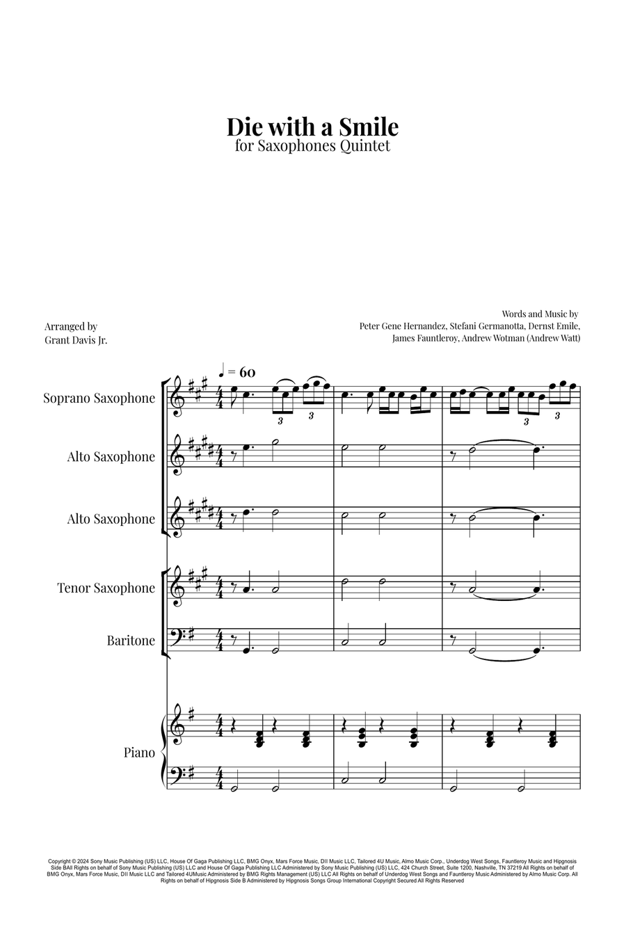 Die With A Smile Saxophone Quintet scores gallery preview page 1