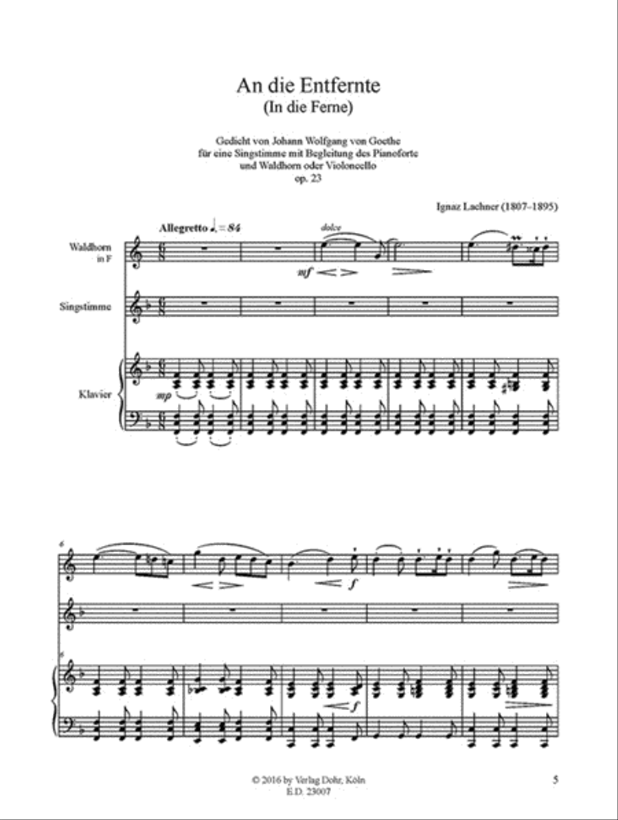 An die Entfernte für eine Singstimme in Begleitung des Pianoforte und Waldorn in F oder Violoncello op. 23 Horn scores gallery preview page 2