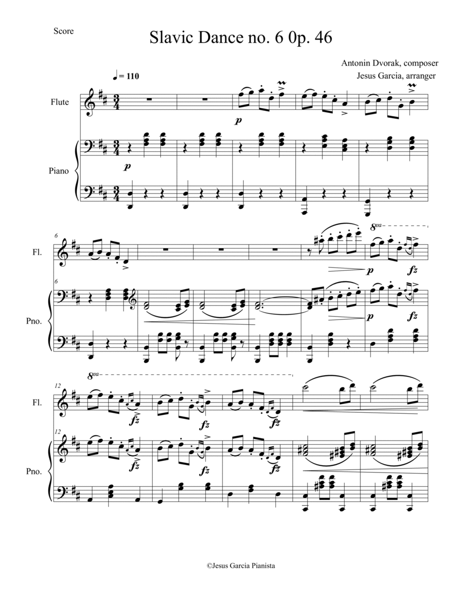 Slavic Dance no. 6, op. 46 in D mayor, flute and piano Flute scores gallery preview page 1