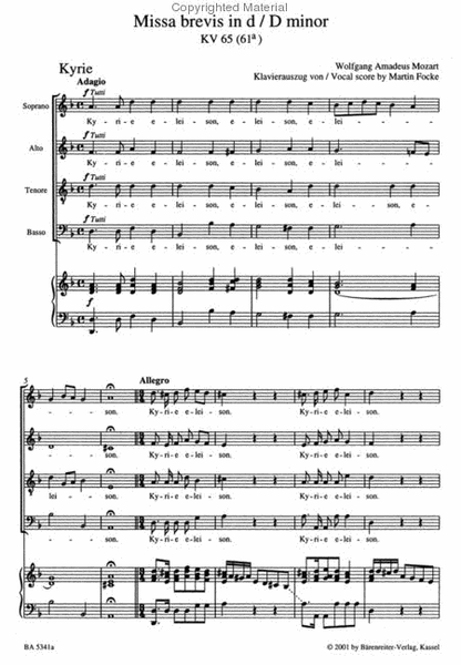Missa Brevis In D Minor, K. 65