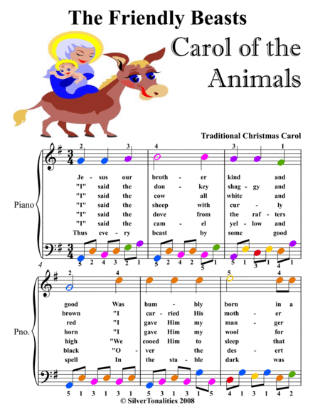 The Friendly Beasts Carol of the Animals Easy Piano Sheet Music with Colored Notation