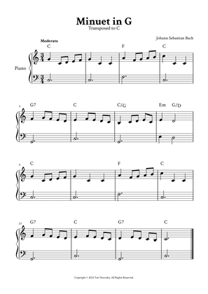 Minuet in G - Easy Piano in C (with Chords)