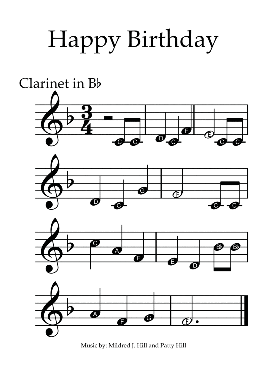 Happy Birthday - Clarinet with note names Clarinet Solo scores gallery preview page 1