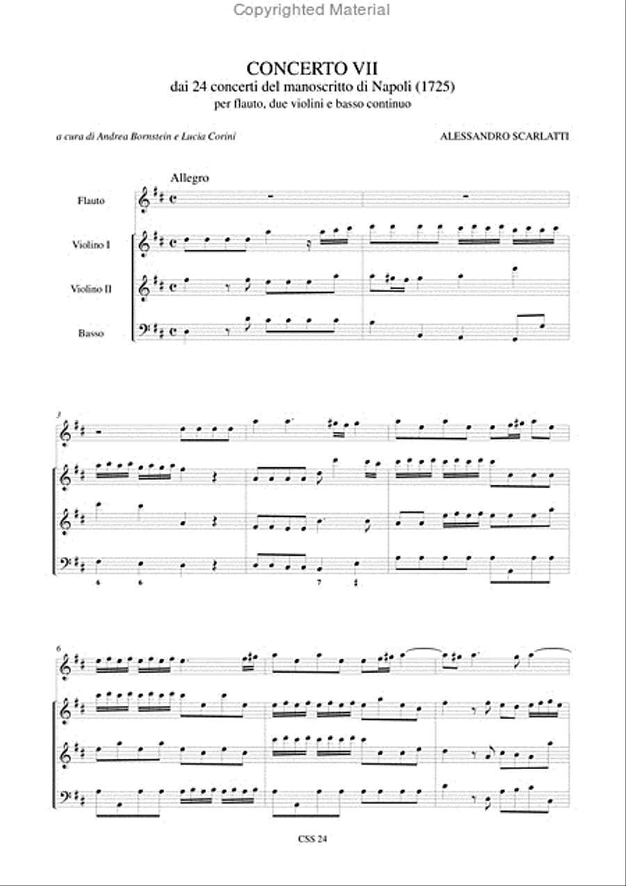 Concerto No. 7 from the 24 Concertos in the Naples manuscript (1725) for Treble Recorder (Flute), 2 Violins and Continuo