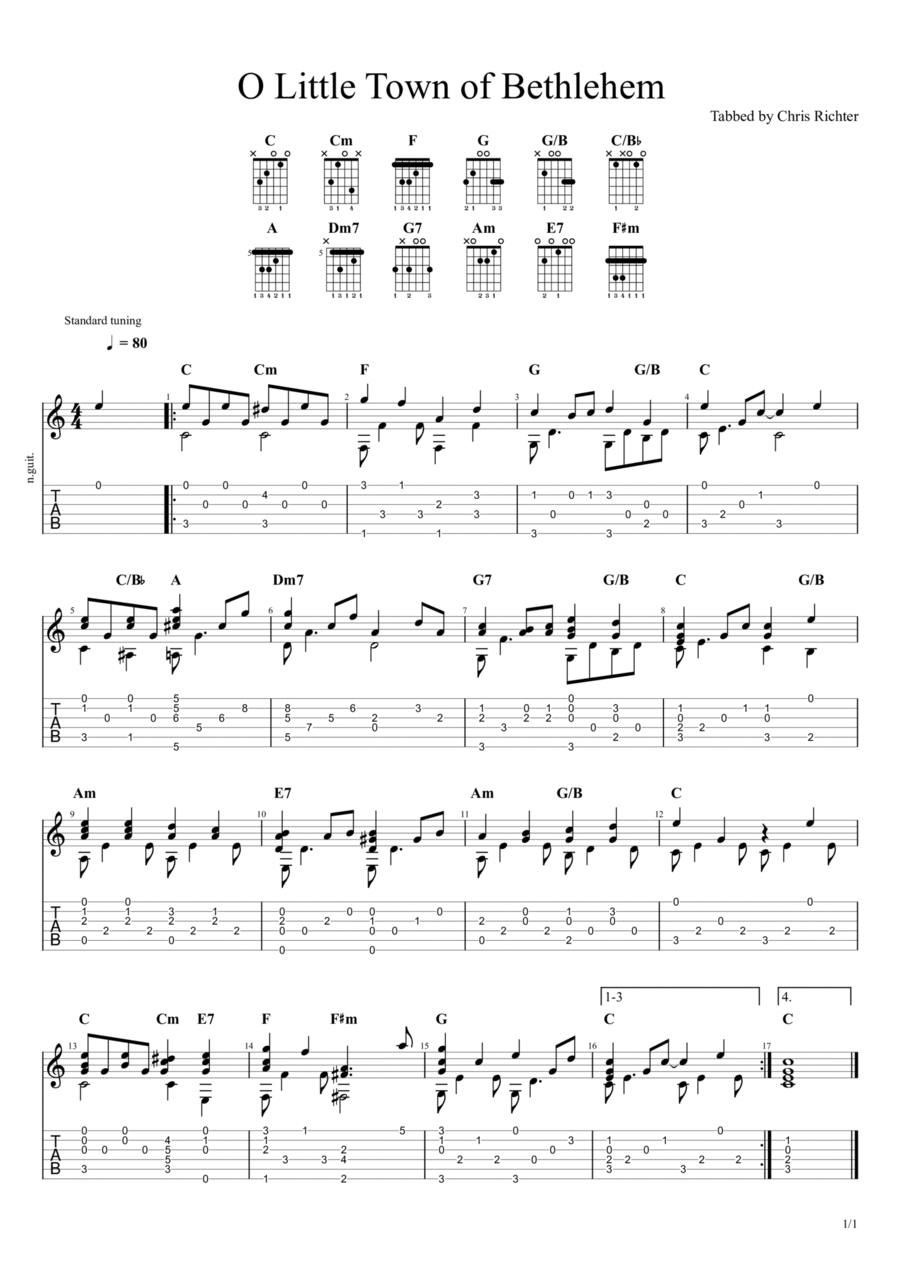 O Little Town of Bethlehem Guitar Tablature scores gallery preview page 1