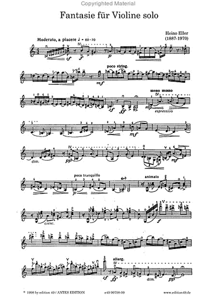 Fantasie fur Violine solo / Fantaasia soloviiulile by Heino Eller Violin Solo - Sheet Music
