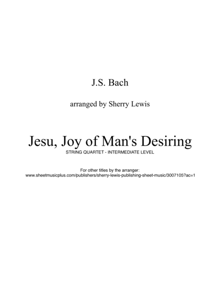 JESU, JOY OF MAN'S DESIRING - String Quartet, Intermediate Level of 2 violins, viola and cello image number null