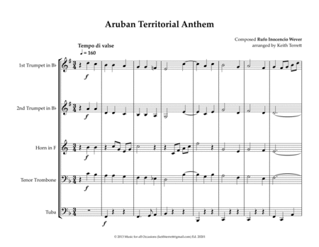 Aruban Territorial Anthem for Brass Quintet MFAO World National Anthem Series image number null