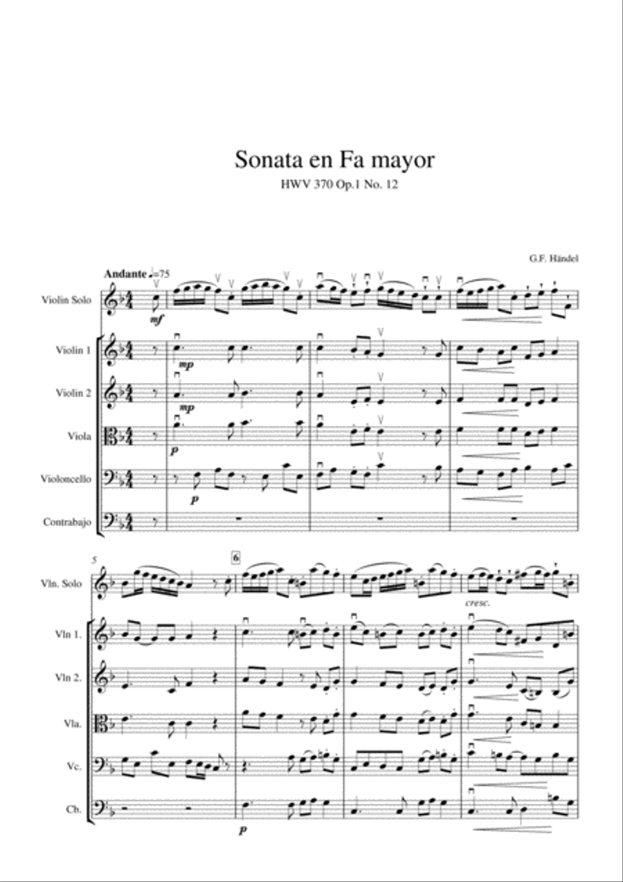 Sonata in F major HWV 370 Op. 1 Nr. 12 - 2nd Movement (Allegro) for solo violin and easy string orch String Orchestra scores gallery preview page 1